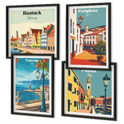 Retro city wall art prints set of 4 pieces