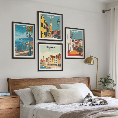 Set of 4 wall art pieces Retro city illustrations