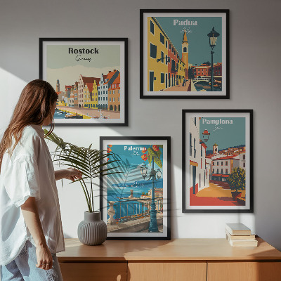 Set of 4 wall art pieces Retro city illustrations