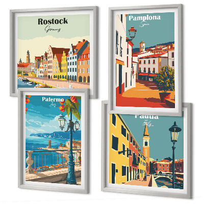 Set of 4 wall art pieces Retro city illustrations