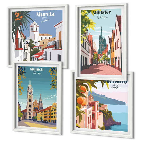 Multi-piece wall decor set European cities in color illustrations