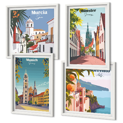 Multi-piece wall decor set European cities in color illustrations