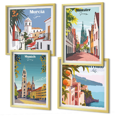 Multi-piece wall decor set European cities in color illustrations