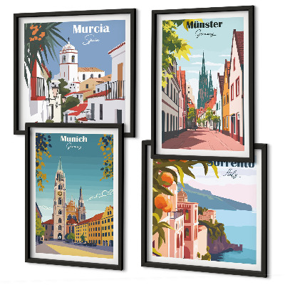 Multi-piece wall decor set European cities in color illustrations