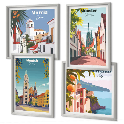 Multi-piece wall decor set European cities in color illustrations