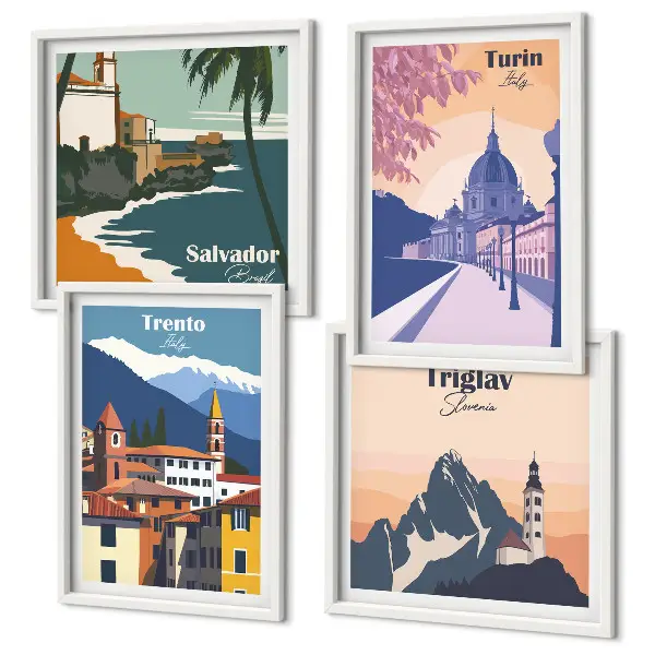 Mountains retro architecture illustrations set of 4 wall art pieces