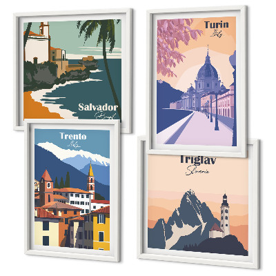Set of 4 wall art pieces Mountains retro architecture illustrations