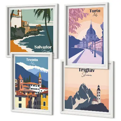 Mountains retro architecture illustrations set of 4 wall art pieces