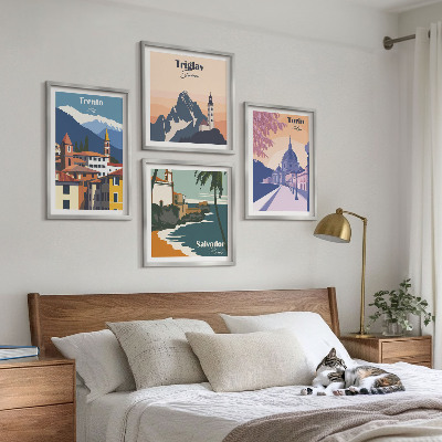 Set of 4 wall art pieces Mountains retro architecture illustrations