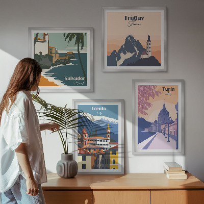 Set of 4 wall art pieces Mountains retro architecture illustrations