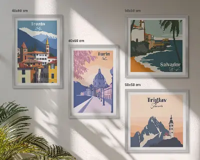 Mountains retro architecture illustrations set of 4 wall art pieces