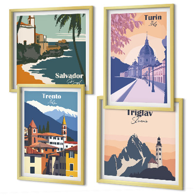 Set of 4 wall art pieces Mountains retro architecture illustrations