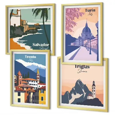 Mountains retro architecture illustrations set of 4 wall art pieces