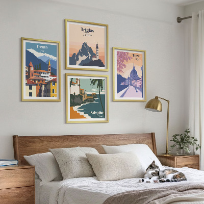 Set of 4 wall art pieces Mountains retro architecture illustrations