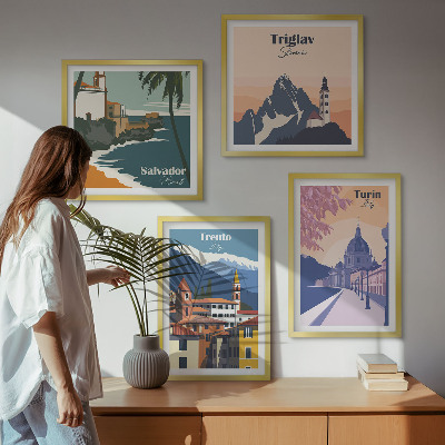 Set of 4 wall art pieces Mountains retro architecture illustrations