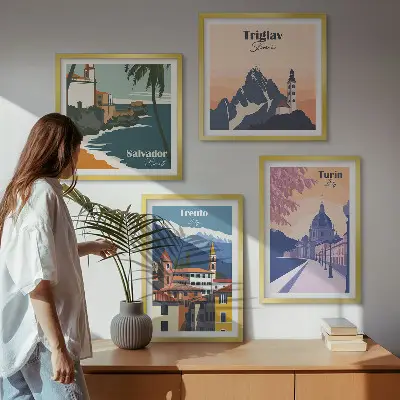 Mountains retro architecture illustrations set of 4 wall art pieces