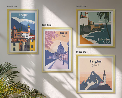 Set of 4 wall art pieces Mountains retro architecture illustrations