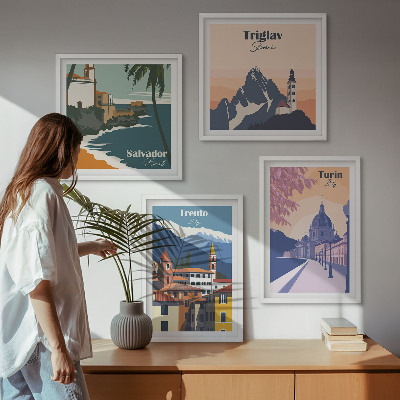 Set of 4 wall art pieces Mountains retro architecture illustrations