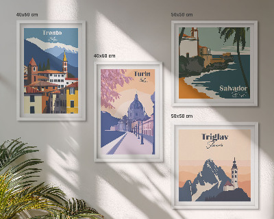 Set of 4 wall art pieces Mountains retro architecture illustrations