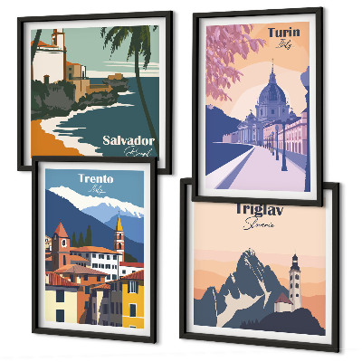 Set of 4 wall art pieces Mountains retro architecture illustrations