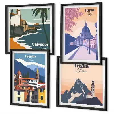 Mountains retro architecture illustrations set of 4 wall art pieces