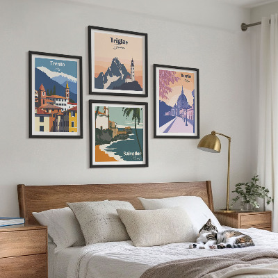 Set of 4 wall art pieces Mountains retro architecture illustrations