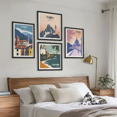 Mountains retro architecture illustrations set of 4 wall art pieces