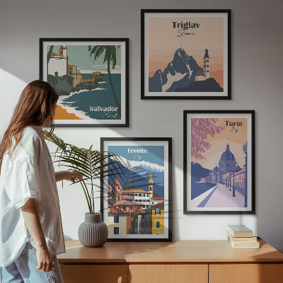 Set of 4 wall art pieces Mountains retro architecture illustrations