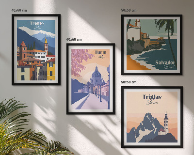 Set of 4 wall art pieces Mountains retro architecture illustrations