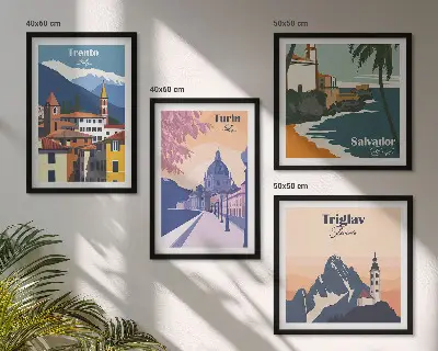 Mountains retro architecture illustrations set of 4 wall art pieces
