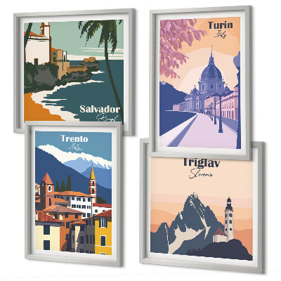 Set of 4 wall art pieces Mountains retro architecture illustrations
