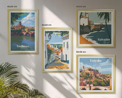 Multi-piece wall decor set with retro city graphics