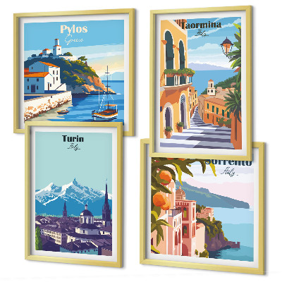 Multi-piece wall decor set Colorful illustrations of retro cities