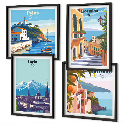 Multi-piece wall decor set Colorful illustrations of retro cities
