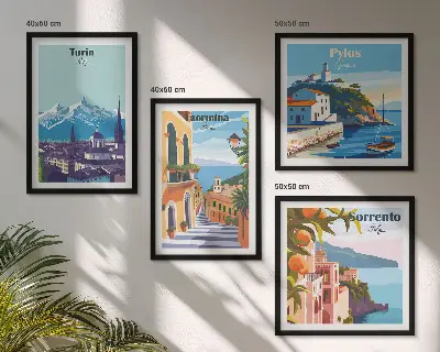 Multi-piece wall decor set with colorful retro city illustrations