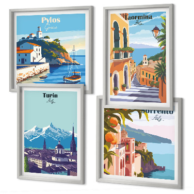 Multi-piece wall decor set Colorful illustrations of retro cities