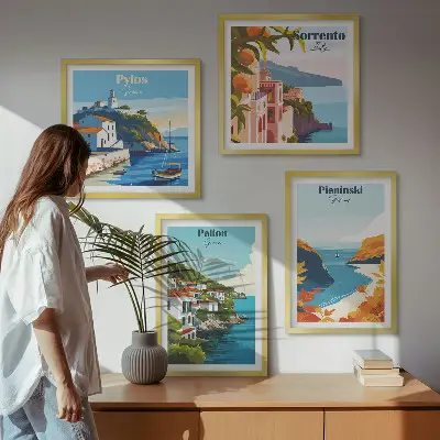 Retro landscape wall art set in a picturesque style