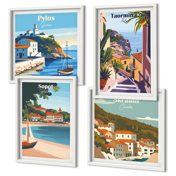 Set of 4 wall art pieces Seaside town illustrations