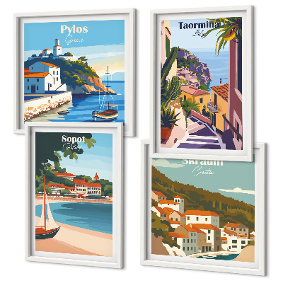 Set of 4 wall art pieces Seaside town illustrations