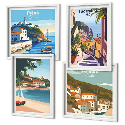 Seaside town illustrations set of 4 wall art pieces