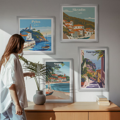 Set of 4 wall art pieces Seaside town illustrations