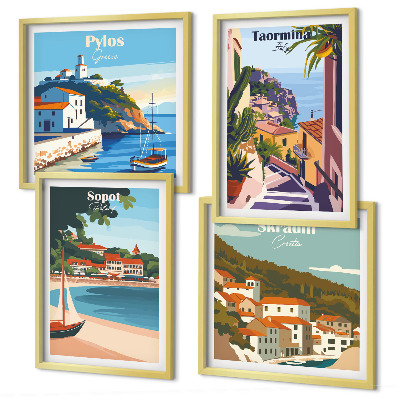 Set of 4 wall art pieces Seaside town illustrations