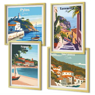 Seaside town illustrations set of 4 wall art pieces