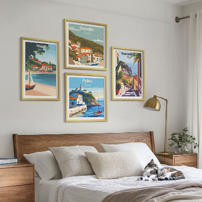 Set of 4 wall art pieces Seaside town illustrations