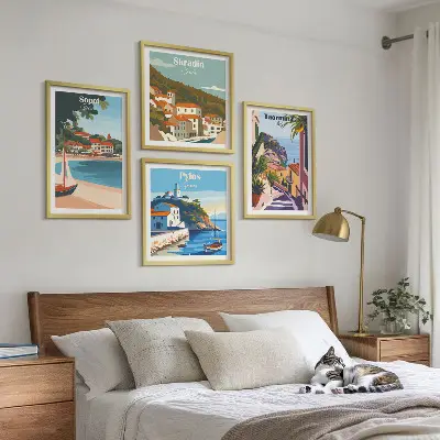 Seaside town illustrations set of 4 wall art pieces