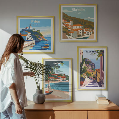 Set of 4 wall art pieces Seaside town illustrations