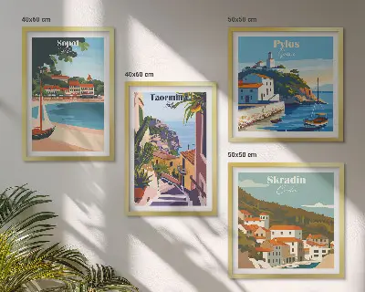 Seaside town illustrations set of 4 wall art pieces