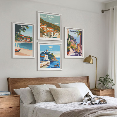 Set of 4 wall art pieces Seaside town illustrations