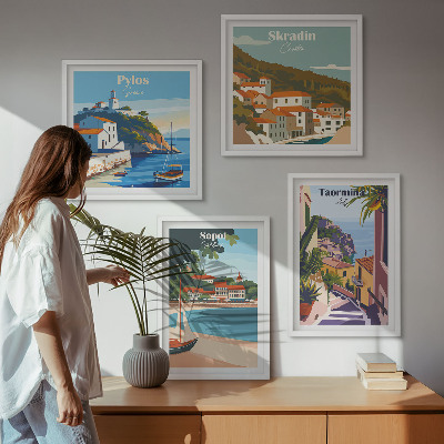 Set of 4 wall art pieces Seaside town illustrations