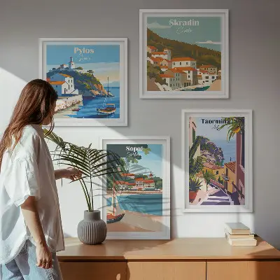 Seaside town illustrations set of 4 wall art pieces